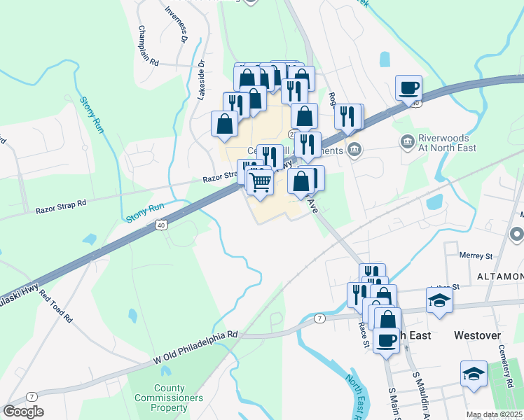 map of restaurants, bars, coffee shops, grocery stores, and more near 2500 Pulaski Highway in North East