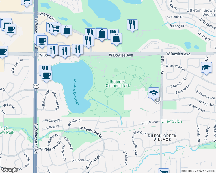 map of restaurants, bars, coffee shops, grocery stores, and more near 7306 West Bowles Avenue in Littleton