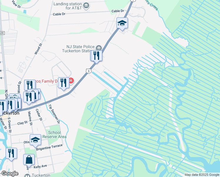 map of restaurants, bars, coffee shops, grocery stores, and more near 71 Admiral Drive in Tuckerton