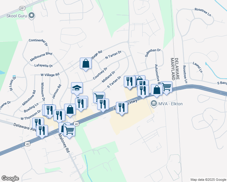 map of restaurants, bars, coffee shops, grocery stores, and more near 3 Southland Court in Elkton