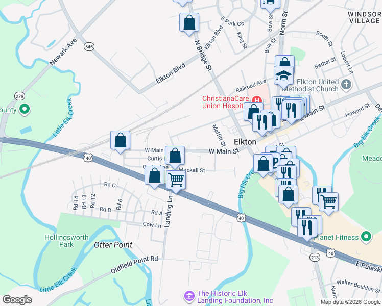 map of restaurants, bars, coffee shops, grocery stores, and more near 264 West Main Street in Elkton