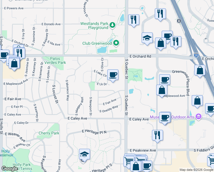 map of restaurants, bars, coffee shops, grocery stores, and more near 7082 East Lake Circle in Centennial