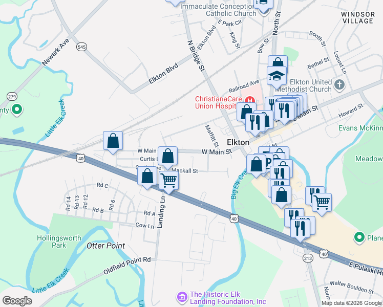 map of restaurants, bars, coffee shops, grocery stores, and more near 238 West Main Street in Elkton