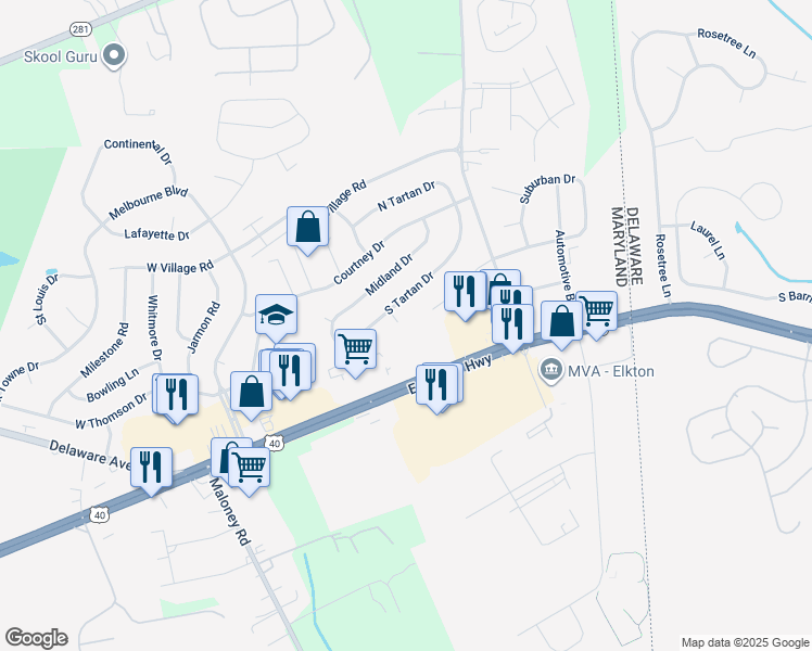 map of restaurants, bars, coffee shops, grocery stores, and more near 3 Southland Court in Elkton