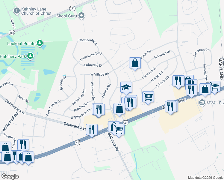 map of restaurants, bars, coffee shops, grocery stores, and more near 221 Melbourne Boulevard in Elkton
