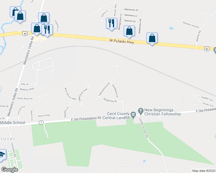map of restaurants, bars, coffee shops, grocery stores, and more near 14 Yellowwood Drive in Elkton