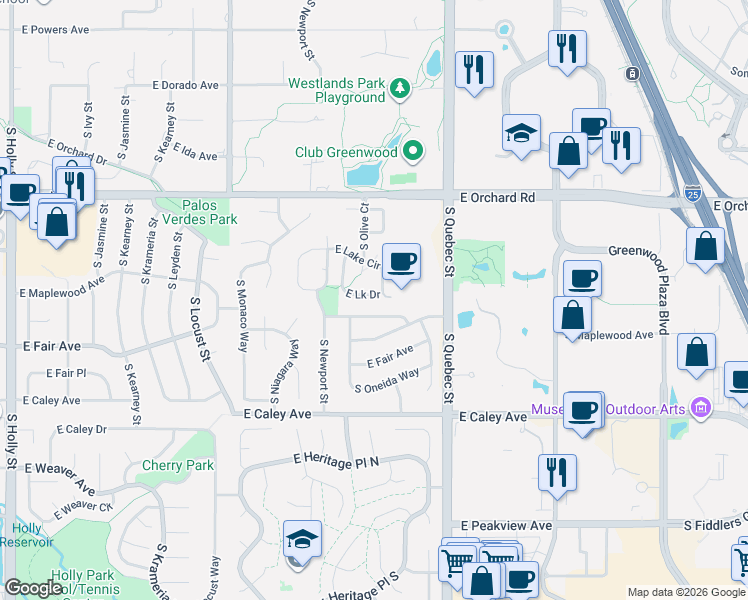 map of restaurants, bars, coffee shops, grocery stores, and more near 7082 East Lake Circle in Centennial