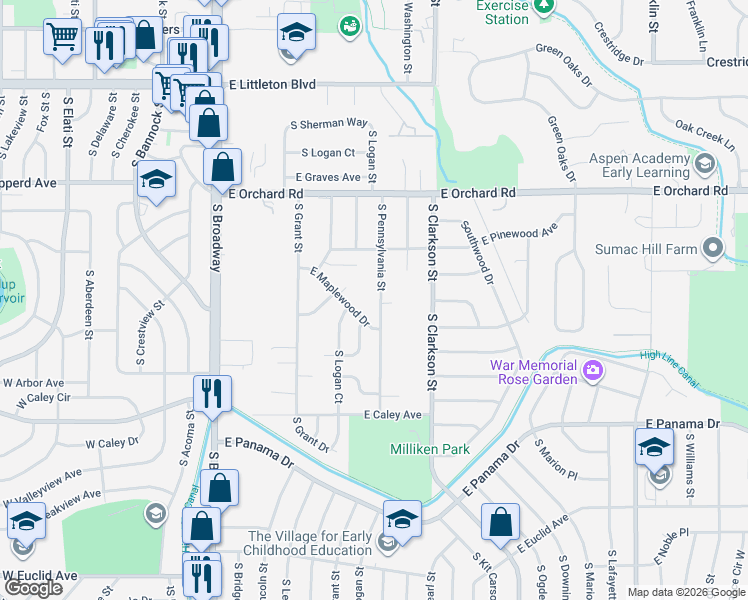 map of restaurants, bars, coffee shops, grocery stores, and more near 513 East Maplewood Drive in Centennial