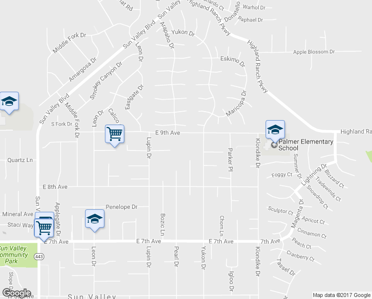 map of restaurants, bars, coffee shops, grocery stores, and more near 5861 Yukon Drive in Sun Valley