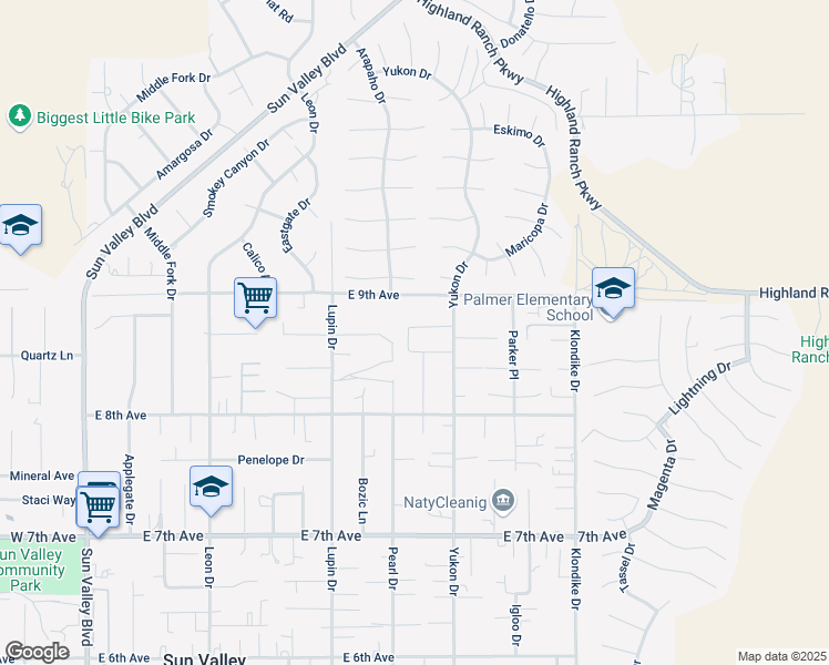 map of restaurants, bars, coffee shops, grocery stores, and more near 5861 Yukon Drive in Sun Valley