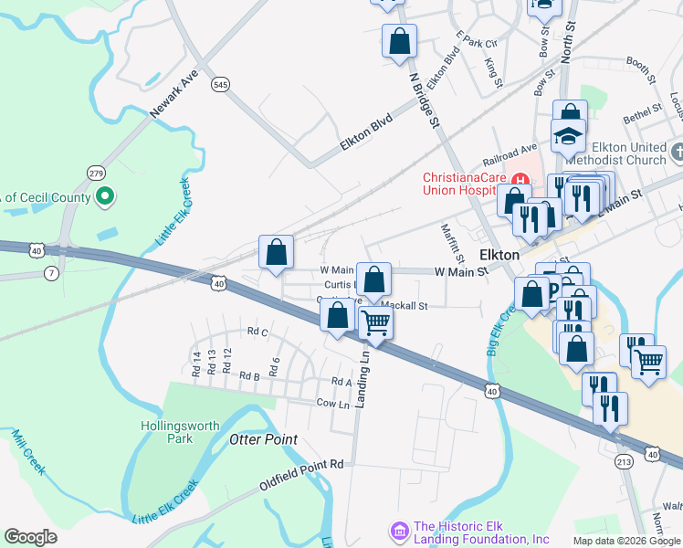 map of restaurants, bars, coffee shops, grocery stores, and more near 322 West Main Street in Elkton