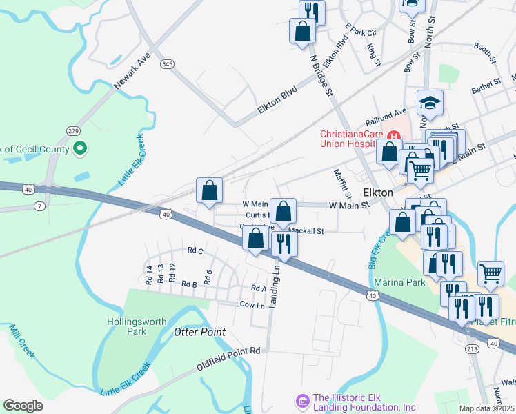 map of restaurants, bars, coffee shops, grocery stores, and more near 324 West Main Street in Elkton