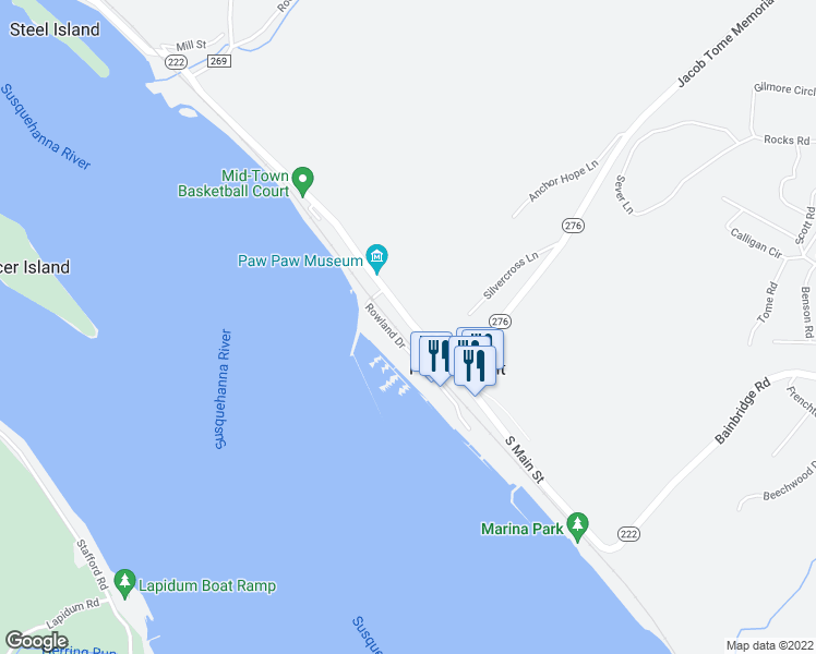 map of restaurants, bars, coffee shops, grocery stores, and more near 55 North Main Street in Port Deposit