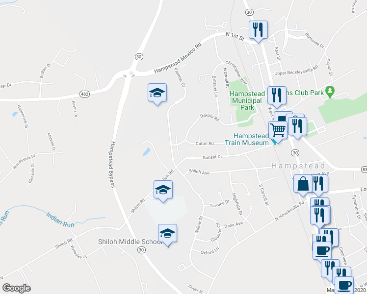 map of restaurants, bars, coffee shops, grocery stores, and more near 3801 Dakota Road in Hampstead