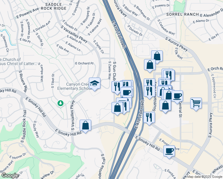 map of restaurants, bars, coffee shops, grocery stores, and more near 6084 South Zante Way in Aurora