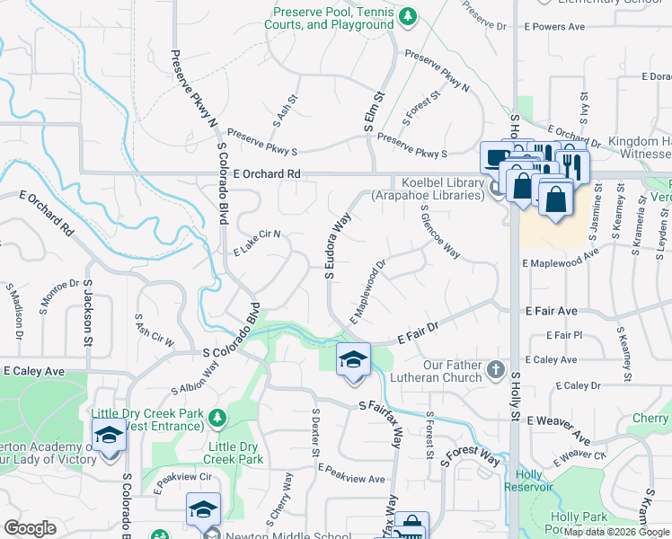 map of restaurants, bars, coffee shops, grocery stores, and more near 4956 East Lake Place in Centennial