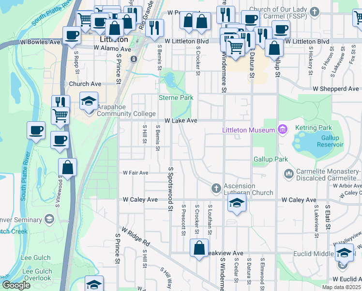 map of restaurants, bars, coffee shops, grocery stores, and more near 6073 South Sterne Parkway in Littleton