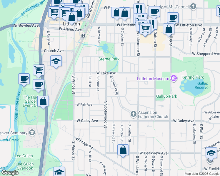 map of restaurants, bars, coffee shops, grocery stores, and more near 6073 South Sterne Parkway in Littleton