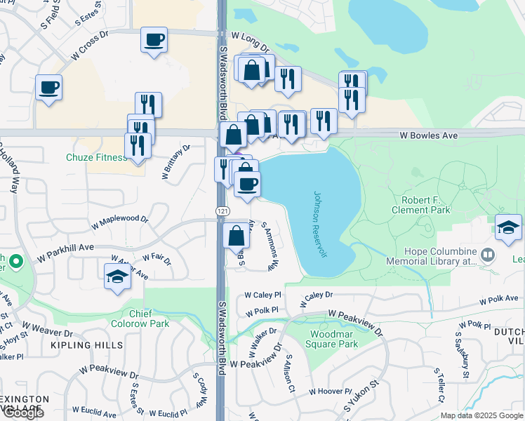 map of restaurants, bars, coffee shops, grocery stores, and more near 6148 South Balsam Way in Littleton