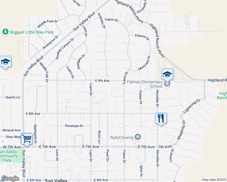 map of restaurants, bars, coffee shops, grocery stores, and more near 5861 Yukon Drive in Sun Valley