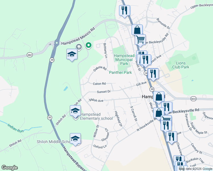 map of restaurants, bars, coffee shops, grocery stores, and more near 1155 Caton Road in Hampstead