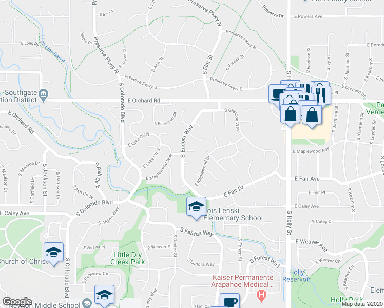 map of restaurants, bars, coffee shops, grocery stores, and more near 4956 East Lake Place in Centennial