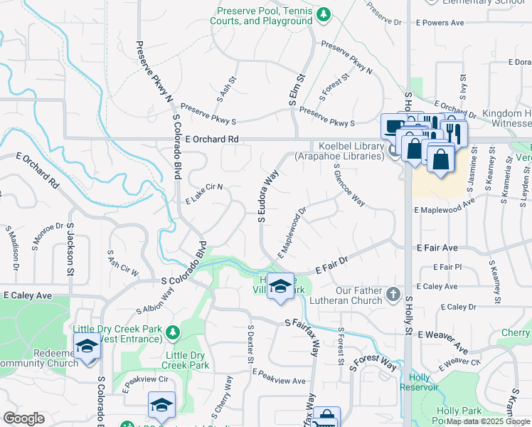 map of restaurants, bars, coffee shops, grocery stores, and more near 4956 East Lake Place in Centennial