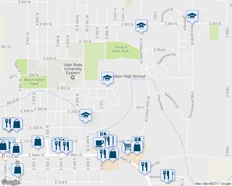 map of restaurants, bars, coffee shops, grocery stores, and more near 380 Crestview Drive in Price