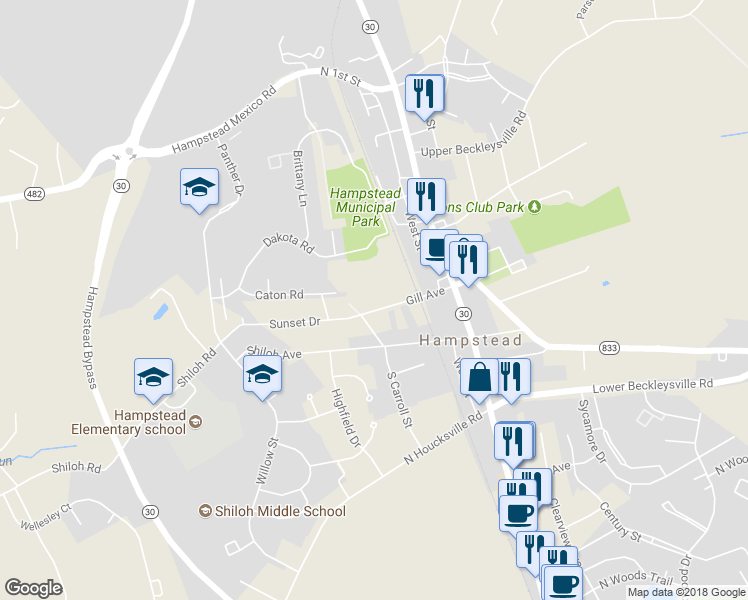 map of restaurants, bars, coffee shops, grocery stores, and more near 4010 Gill Avenue in Hampstead