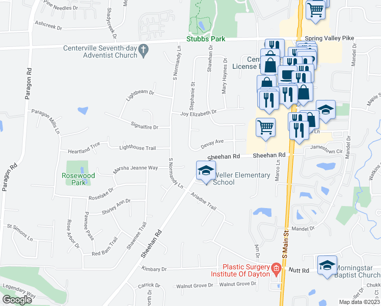map of restaurants, bars, coffee shops, grocery stores, and more near 292 Devay Avenue in Dayton
