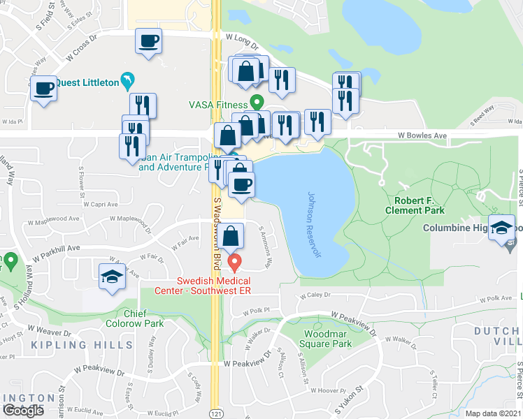 map of restaurants, bars, coffee shops, grocery stores, and more near 6148 South Balsam Way in Littleton