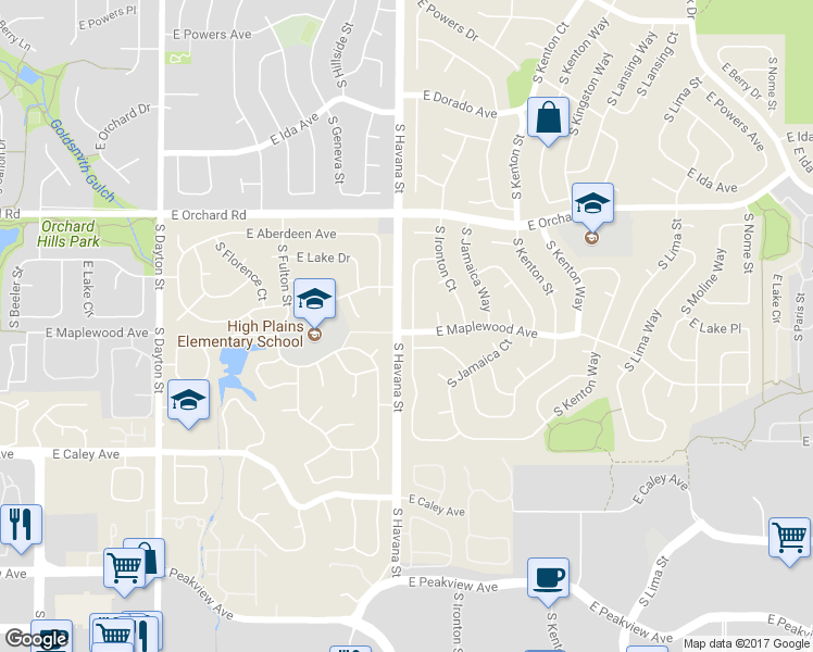 map of restaurants, bars, coffee shops, grocery stores, and more near 6095 South Iola Way in Englewood