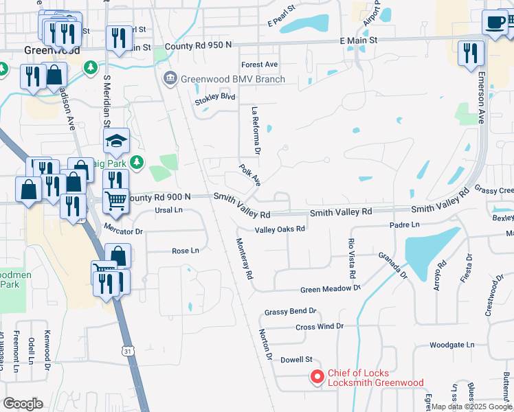 map of restaurants, bars, coffee shops, grocery stores, and more near 481 Monte Vista Drive in Greenwood