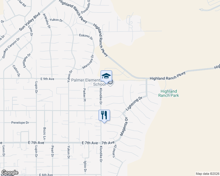 map of restaurants, bars, coffee shops, grocery stores, and more near 5890 Klondike Drive in Sun Valley