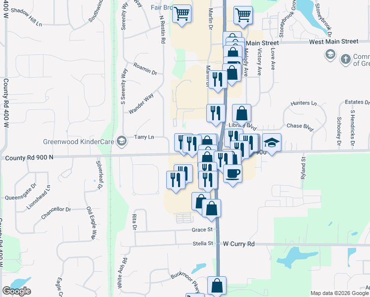 map of restaurants, bars, coffee shops, grocery stores, and more near 3136 West Smith Valley Road in Greenwood