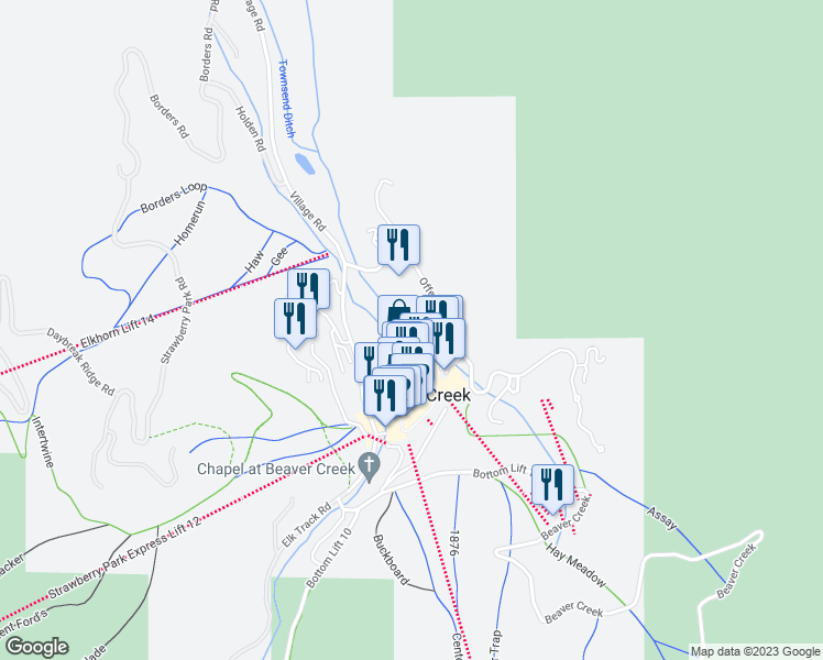 map of restaurants, bars, coffee shops, grocery stores, and more near 103 Avondale Lane in Beaver Creek