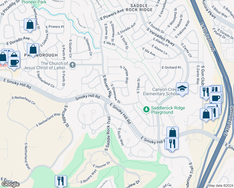 map of restaurants, bars, coffee shops, grocery stores, and more near 6102 South Shawnee Street in Centennial
