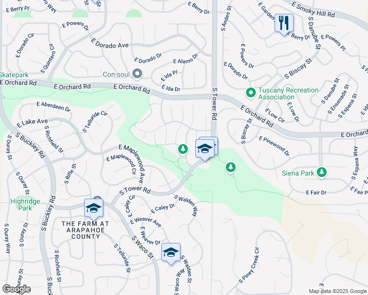 map of restaurants, bars, coffee shops, grocery stores, and more near 6102 South Yampa Street in Aurora