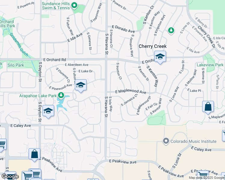 map of restaurants, bars, coffee shops, grocery stores, and more near 6095 South Iola Way in Englewood