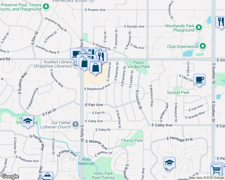 map of restaurants, bars, coffee shops, grocery stores, and more near in Centennial
