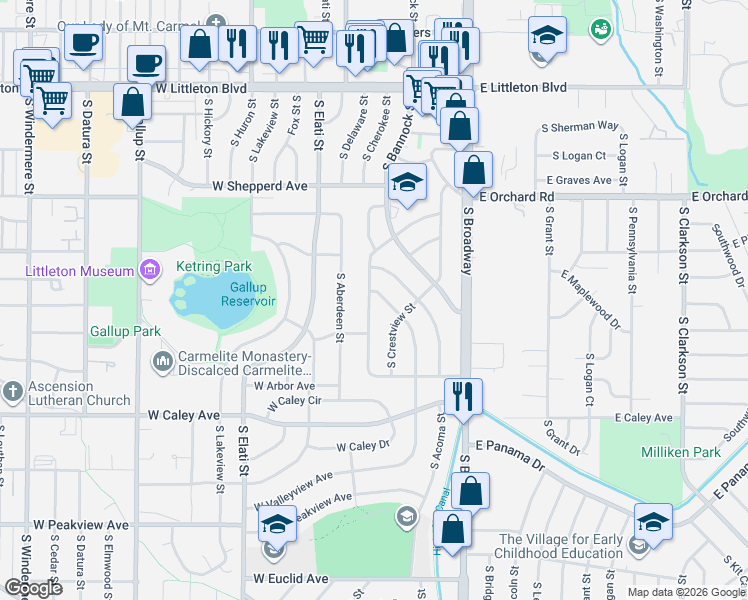 map of restaurants, bars, coffee shops, grocery stores, and more near 6063 South Fairfield Street in Littleton