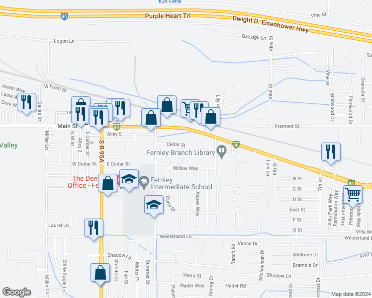 map of restaurants, bars, coffee shops, grocery stores, and more near 350 Willow Way in Fernley