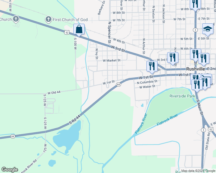 map of restaurants, bars, coffee shops, grocery stores, and more near 1001 West 1st Street in Rushville
