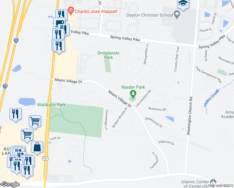 map of restaurants, bars, coffee shops, grocery stores, and more near 2587 Miami Village Drive in Miamisburg