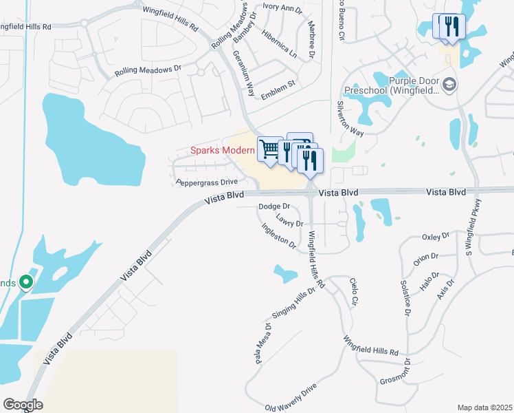 map of restaurants, bars, coffee shops, grocery stores, and more near Dodge Drive in Sparks