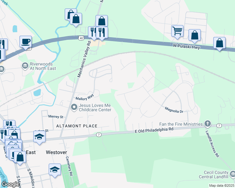 map of restaurants, bars, coffee shops, grocery stores, and more near 15 Tilia Drive in Elkton