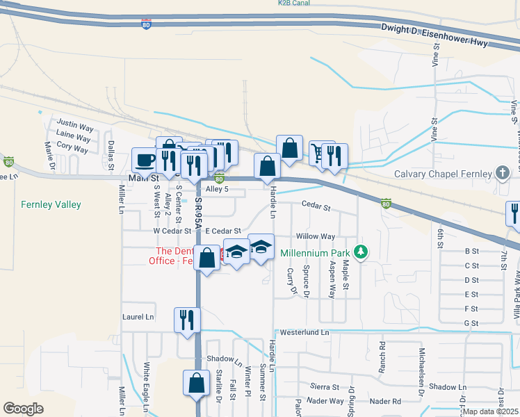 map of restaurants, bars, coffee shops, grocery stores, and more near 230 East Cedar Street in Fernley