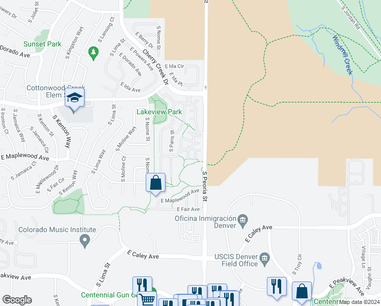 map of restaurants, bars, coffee shops, grocery stores, and more near 12068 East Lake Circle in Greenwood Village