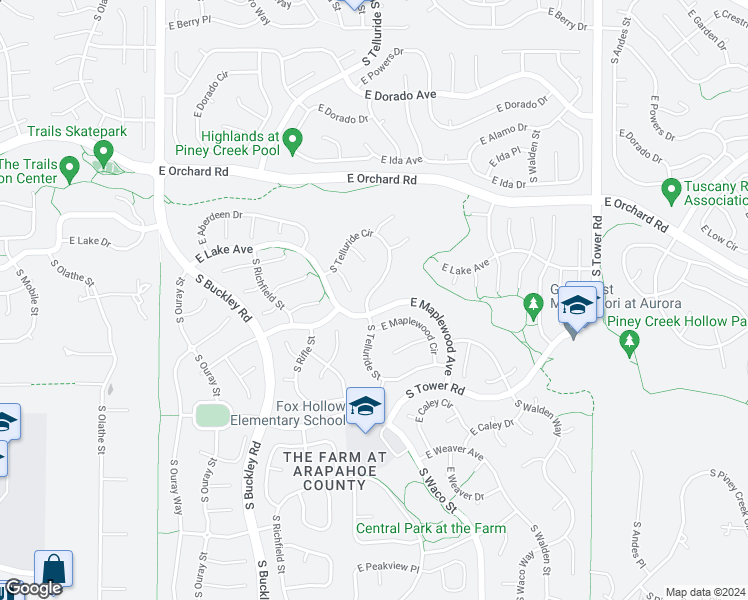 map of restaurants, bars, coffee shops, grocery stores, and more near 6074 South Telluride Circle in Aurora