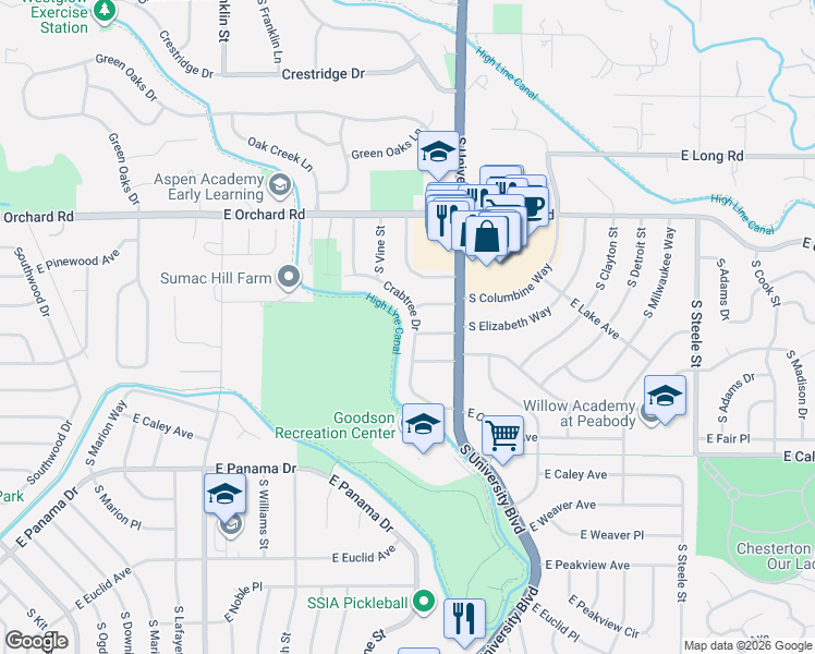 map of restaurants, bars, coffee shops, grocery stores, and more near 2256 Crabtree Drive in Greenwood Village